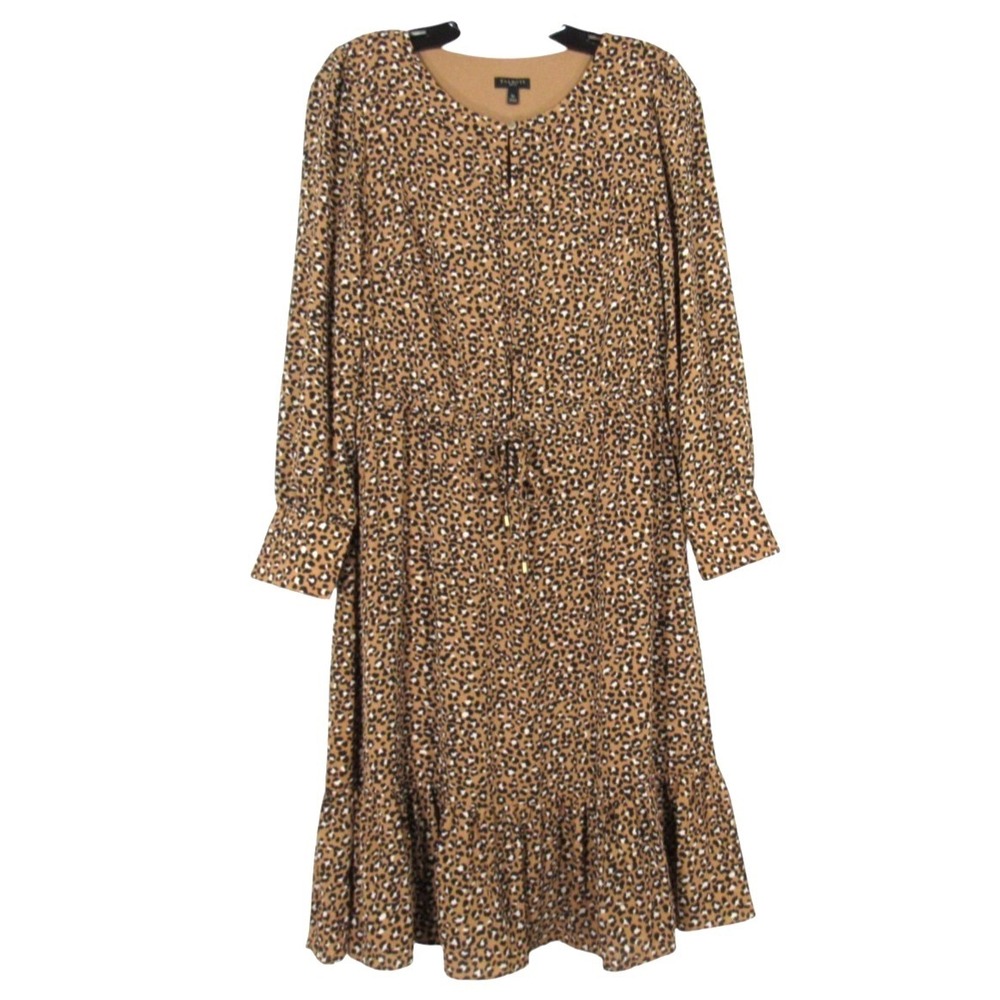 TALBOTS PETITE Lined CREPE Brown LEOPARD PRINT Ruffle Hem FIT & FLARE DRESS 8P
